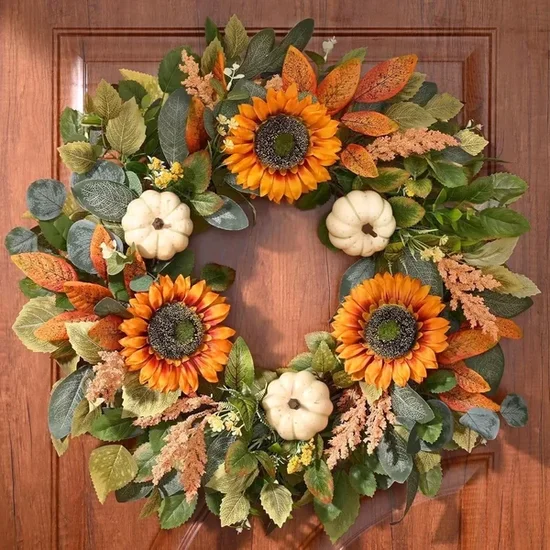 Lyacmy 22-Inch Autumn Harvest Wreath with Sunflowers and Pumpkins