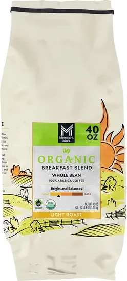 Member's Mark Organic Breakfast Blend Whole Bean Coffee, 40 oz.