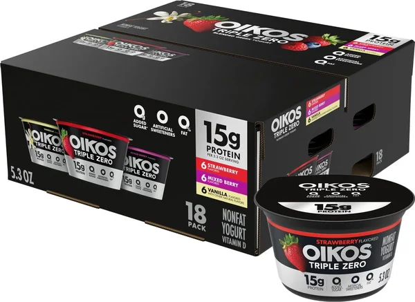 Oikos Triple Zero Nonfat Blended Greek Yogurt Variety Pack, 5.3 oz., 18 ct.
