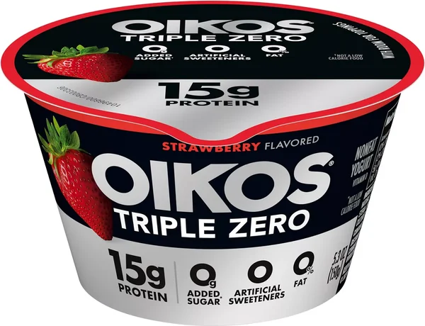 Oikos Triple Zero Strawberry 15g Protein, 0g Added Sugar, Nonfat Greek Yogurt, 5.3 OZ Cup