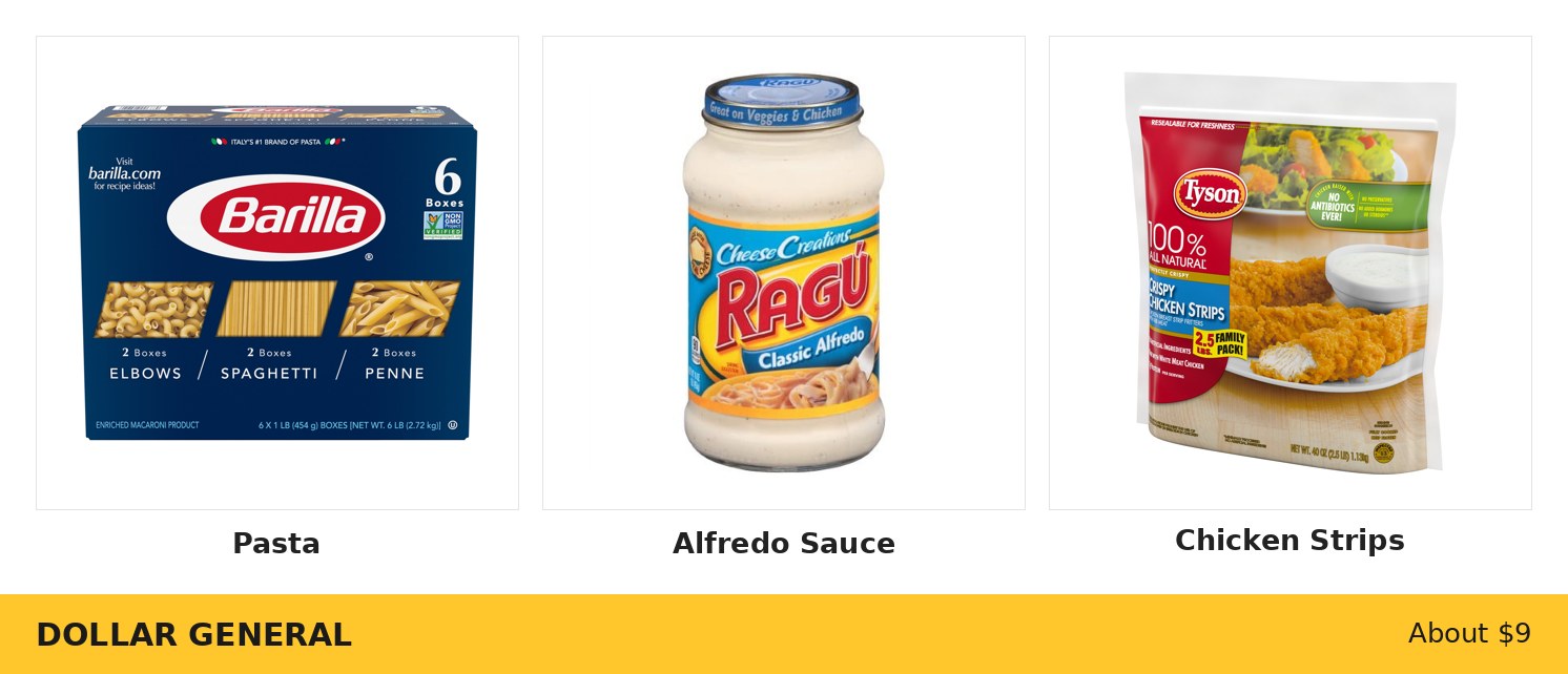 Dollar General Chicken Alfredo Shortcut Dinner ingredients