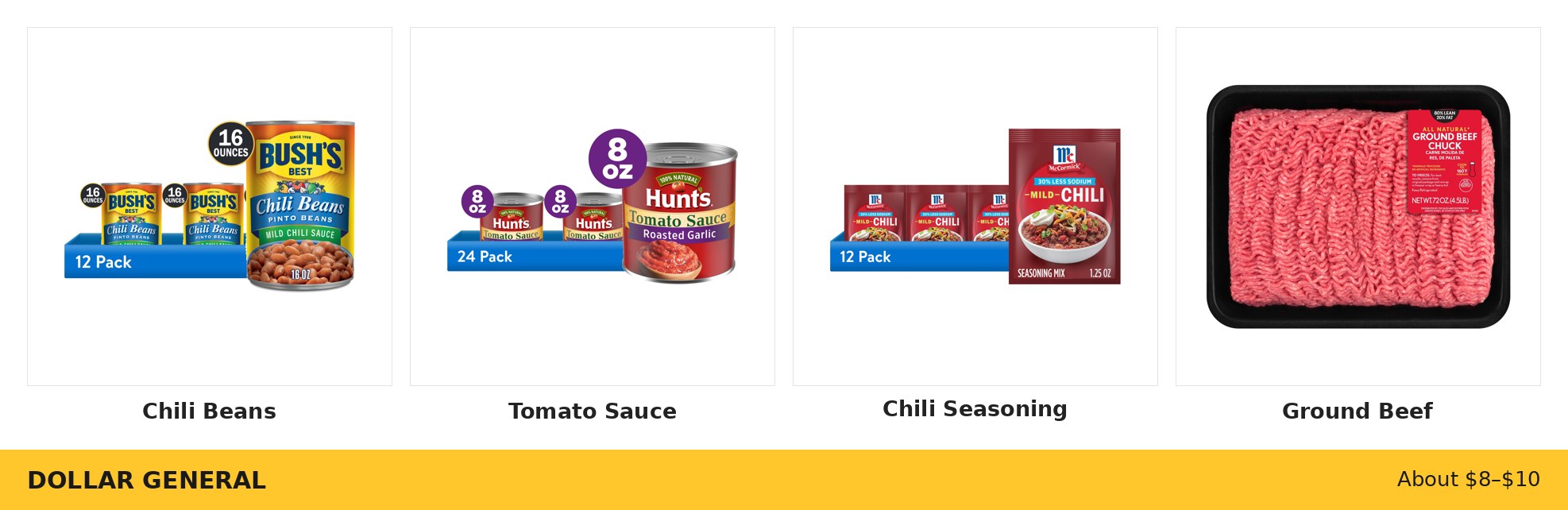 Dollar General Easy Chili Night ingredients