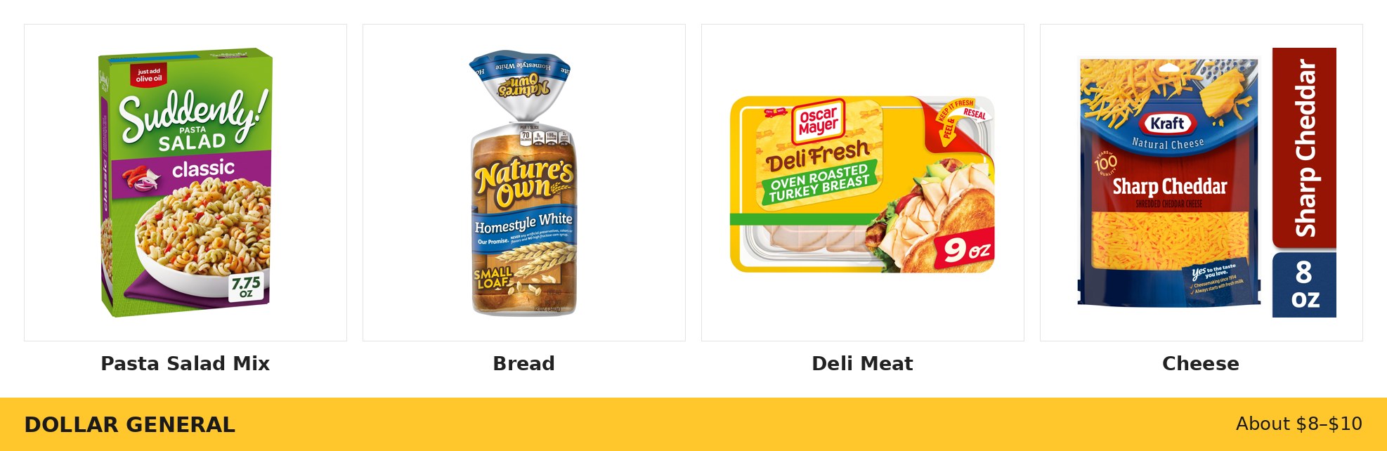 Dollar General Pasta Salad & Sandwich Night ingredients