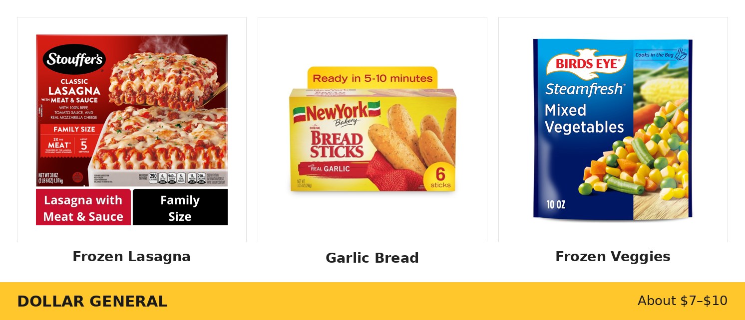 Dollar General Frozen Lasagna Dinner ingredients