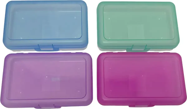Translucent Plastic Pencil Boxes with Colored Lids, 8.5x5.25x2.375 in.