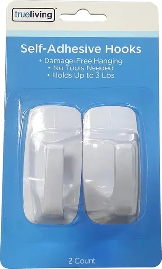 True Living Self Adhesive Hooks, White, 2 ct