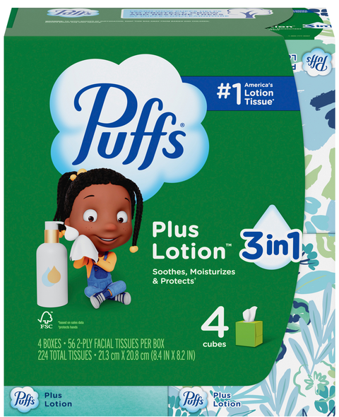 Puffs Plus Lotion 2-Ply Facial Tissue Cube Box 56 ct ea - 4 pk