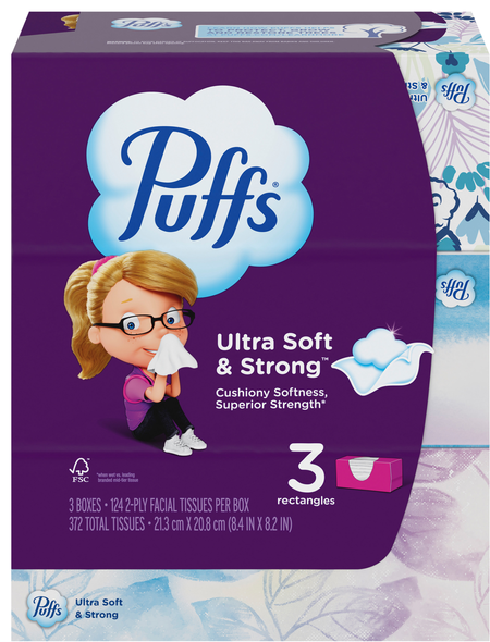 Puffs Ultra Soft & Strong 2-Ply Facial Tissue Flat Box 124 ct ea - 3 pk