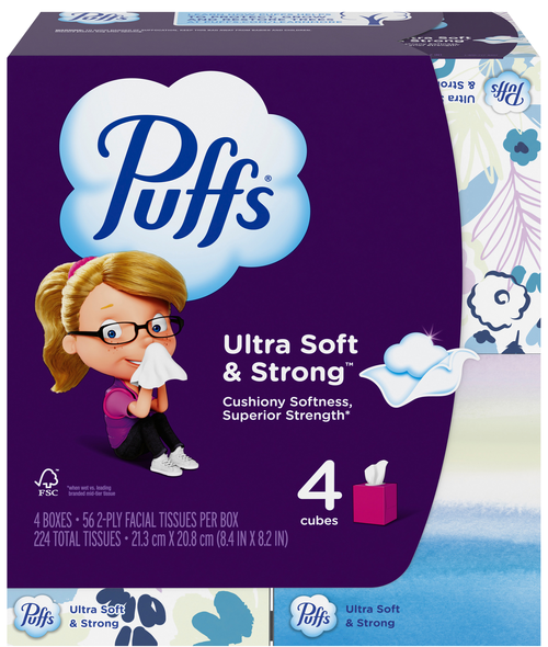 Puffs Ultra Soft & Strong 2-Ply Facial Tissue Cube Box 56 ct ea - 4 pk