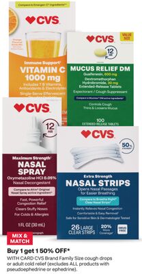 CVS Brand Immunize Support VITAMIN C 1000 mg, MUCUS RELIEF DM, Extra Strength NASAL STRIPS, Extra Strength NASAL SPRAY