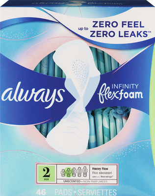 Always Radiant, Infinity, Pure Cotton pads, ZZZ period underwear or liners (excludes Discreet)