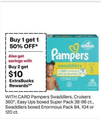 Pampers Swaddlers, Cruisers 360°, Easy Ups boxed Super Pack 38-96 ct., Swaddlers boxed Enormous Pack 84, 104 or 120 ct.