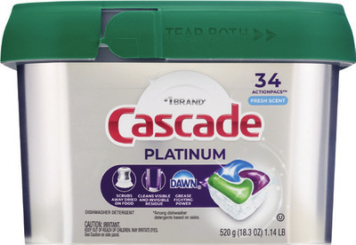 Cascade Platinum Plus 26 ct., Platinum 34 ct., Complete 43 ct. or Mr. Clean shower & tub scrubber 2 ct.