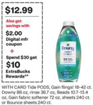 Tide PODS, Gain flings! 18-42 ct. Downy 88 oz, rinse 36.7 oz, Beads 10.7-13.4 oz, Gain fabric softener 72 oz, sheets 240 ct. or Bounce sheets 240 ct.