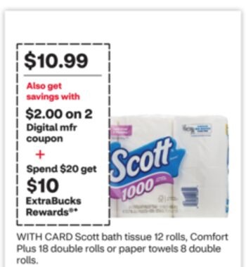 Scott bath tissue 12 rolls, Comfort Plus 18 double rolls or paper towels 8 double rolls