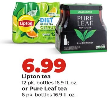 Lipton tea 12 pk. bottles 16.9 fl. oz. or Pure Leaf tea 6 pk. bottles 16.9 fl. oz.