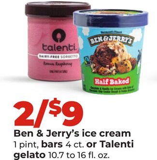 Ben & Jerry's ice cream 1 pint, bars 4 ct. or Talenti gelato 10.7 to 16 fl. oz.