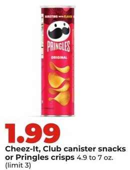 Cheez-It, Club canister snacks or Pringles crisps