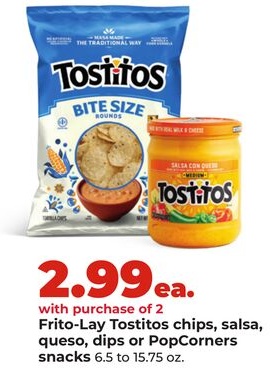 Frito-Lay Tostitos chips, salsa, queso, dips or PopCorners snacks