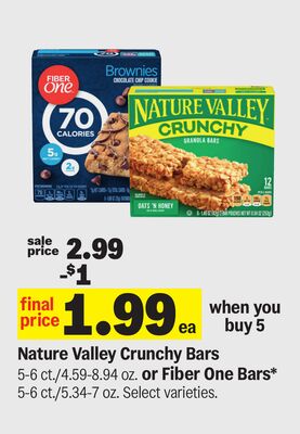 Nature Valley Crunchy Bars 5-6 ct./4.59-8.94 oz. or Fiber One Bars* 5-6 ct./5.34-7 oz.