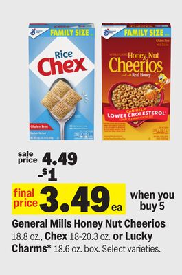 General Mills Honey Nut Cheerios 18.8 oz., Chex 18-20.3 oz. or Lucky Charms* 18.6 oz. box.