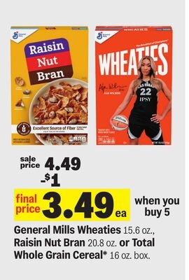 General Mills Wheaties 15.6 oz., Raisin Nut Bran 20.8 oz. or Total Whole Grain Cereal* 16 oz. box.
