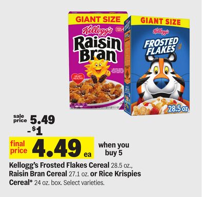 Kellogg's Frosted Flakes Cereal 28.5 oz., Raisin Bran Cereal 27.1 oz. or Rice Krispies Cereal* 24 oz. box.
