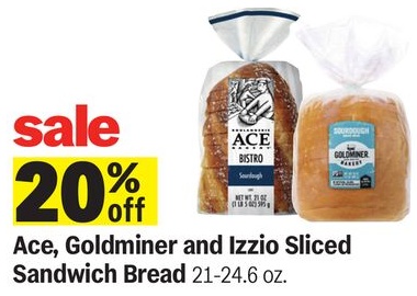 Ace, Goldminer and Izzio Sliced Sandwich Bread