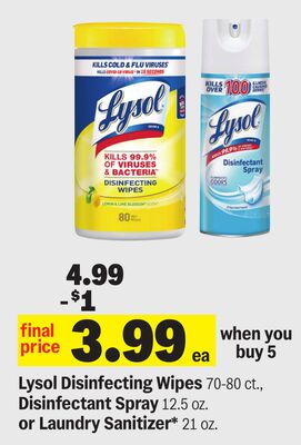 Lysol Disinfecting Wipes 70-80 ct., Disinfectant Spray 12.5 oz. or Laundry Sanitizer® 21 oz.