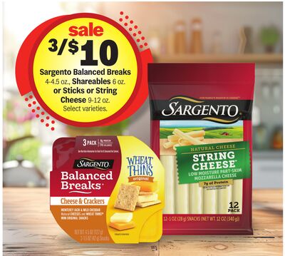 Sargento Balanced Breaks 4-4.5 oz., Shareables 6 oz. or Sticks or String Cheese 9-12 oz.