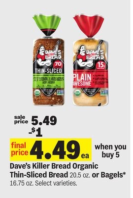 Dave's Killer Bread Organic Thin-Sliced Bread 20.5 oz. or Bagels* 16.75 oz.