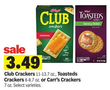 Club Crackers 11-13.7 oz., Toasteds Crackers 8-8.7 oz. or Carr's Crackers 7 oz.