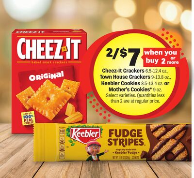 Cheez-It Crackers 6.5-12.4 oz., Town House Crackers 9-13.8 oz., Keebler Cookies 8.5-13.4 oz. or Mother's Cookies* 9 oz.