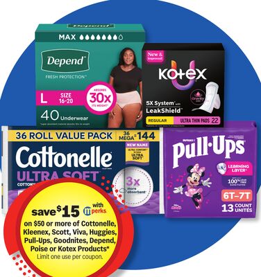 Cottonelle, Kleenex, Scott, Viva, Huggies, Pull-Ups, Goodnites, Depend, Poise or Kotex Products*