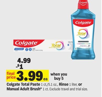 Colgate Total Paste 1 ct./5.1 oz., Rinse 1 liter, or Manual Adult Brush* 1 ct.