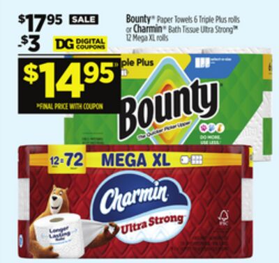 Bounty® Paper Towels 6 Triple Plus rolls or Charmin™ Bath Tissue Ultra Strong™ 12 Mega XL rolls
