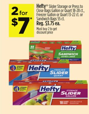 Hefty® Slider Storage or Press to Close Bags Gallon or Quart 18-28 ct., Freezer Gallon or Quart 13-22 ct. or Sandwich Bags 55 ct.
