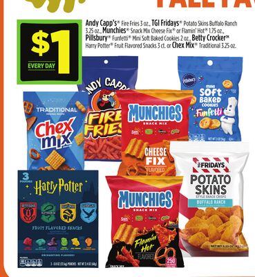 Andy Capp's® Fire Fries 3 oz., TGI Fridays® Potato Skins Buffalo Ranch 3.25 oz., Munchies® Snack Mix Cheese Fix® or Flamin' Hot® 1.75 oz.,