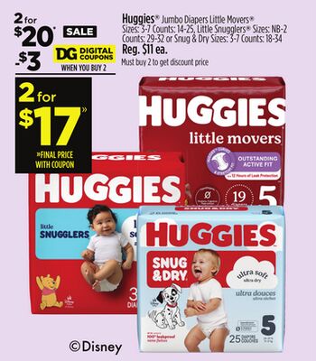 Huggies Jumbo Diapers Little Movers, Sizes: S7-Counts 14-25, 12-21, 3-7 Counts, Snug & Dry Sizes: NB-2 Counts: 29-32, 3-7 Counts