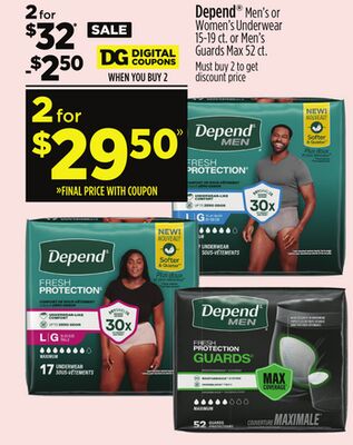 Depend® Men's or Women's Underwear 15-19 or Men's Guards Max 52 ct.