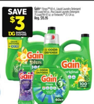 Gain® Flings™ 60-ct, Plus Liquid Laundry Detergent 100 Load/44 oz., Plus Liquid Laundry Detergent 75 Load/99.87 oz. or Fireworks® 20.7-24 oz.