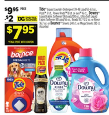 Tide® Liquid Laundry Detergent, Pod™, Power Pods™, Downy® Fabric Softener or Bounce® Sheets or Mega Sheets