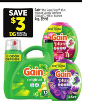 Gain® Plus Super Flings™ or Liquid Laundry Detergent