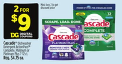 Cascade® Dishwasher Detergent ActionPacsTM Complete, Platinum or Platinum Plus 7-12 ct.