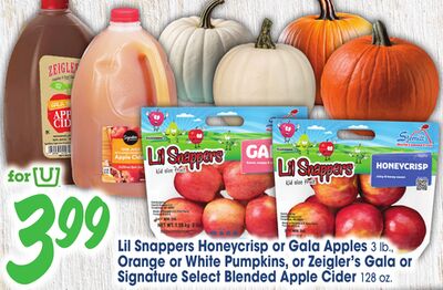 Lil Snappers Honeycrisp or Gala Apples 3 lb., Orange or White Pumpkins, or Zeigler's Gala or Signature Select Blended Apple Cider 128 oz.