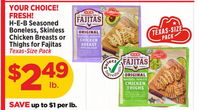 H-E-B Seasoned Boneless, Skinless Chicken Breasts or Thighs for Fajitas