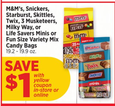 M&M's, Snickers, Starburst, Skittles, Twix, 3 Musketeers, Milky Way, or Life Savers Minis or Fun Size Variety Mix Candy Bags