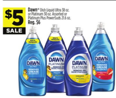 Dawn® Dish Liquid Ultra 38 oz. or Platinum 30 oz. Assorted or Platinum Plus PowerSuds 21.6 oz.