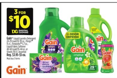 Gain® Liquid Laundry Detergent 24-29 Load/32-39 oz., Flings!™ 15 ct., FireworksTM 5.7 oz., Liquid Fabric Softener 48-60 Load/35-44 oz. or Sheets 110 ct.