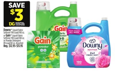 Downy® Liquid Fabric Softener 190 Load/140 oz. or Gain® Liquid Fabric Softener 190 Load/140 oz. or Powder Detergent 89 Load/82 oz.